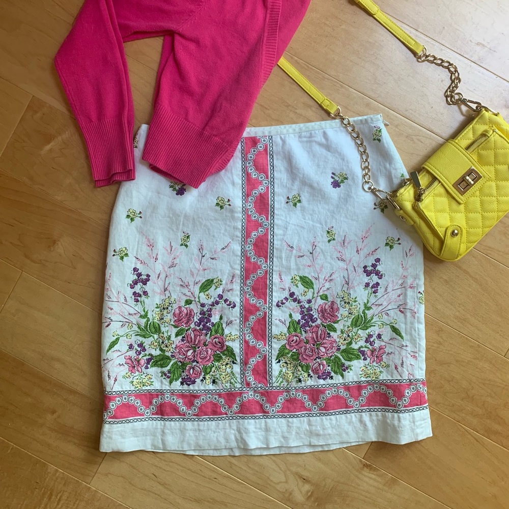 Floral Border White Cotton Skirt with Pink Accents